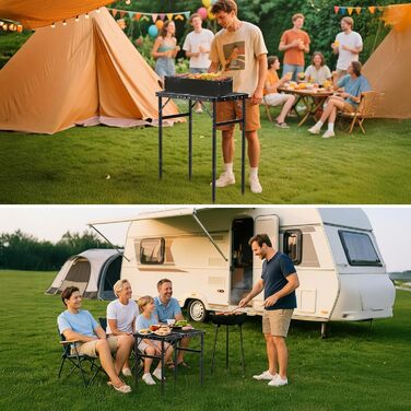 Складаний стіл-гриль GARLLEN, 60x40 см та 3 регульовані висоти (27/51/75 см), легкий та портативний, складаний стіл, кемпінговий стіл, бічний столик, садовий стіл, стіл для пікніка, невеликий стіл-гриль для кемпінгу, чорний, 60 x 40 x 27/51/75 см