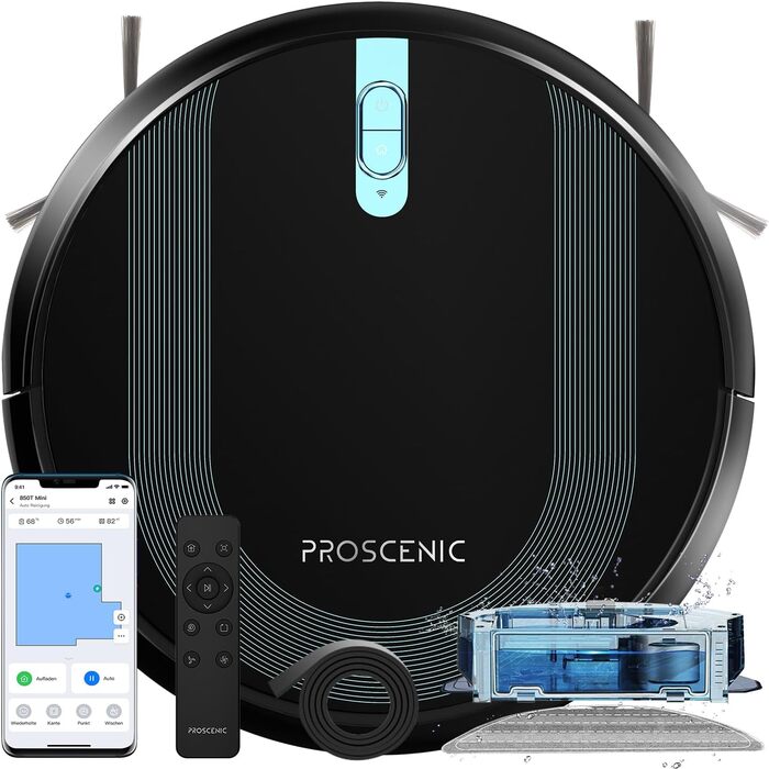 Робот-пилосос Proscenic 850T WLAN із функцією протирання, вакуумний робот із потужністю всмоктування 3000 Па з функцією протирання, керування SIRI&Alexa & Google Home & app, для шерсті домашніх тварин/килимів/твердої підлоги, чорний