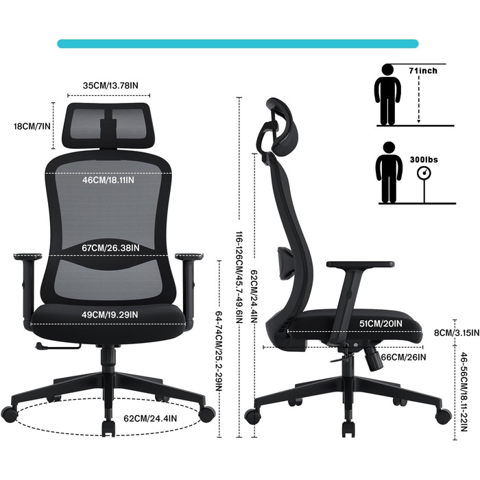 Ергономічне офісне крісло, обертове крісло з поперековою подушкою з пінопласту, офісні крісла з регульованими 2D підголівниками та підлокітниками, крісло для керівника до 150 кг/330 фунтів (чорне)