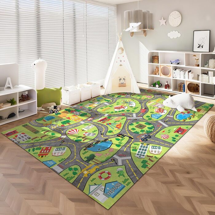 Килим для дитячої кімнати, ігровий килимок, дизайн вулиці/міста для хлопчиків та дівчаток, дитячий килимок, що прається, для дитячої кімнати, спальні та ігрової кімнати з протиковзкою підкладкою, 80x150 см, для дитячого майданчика 80 x 150 см