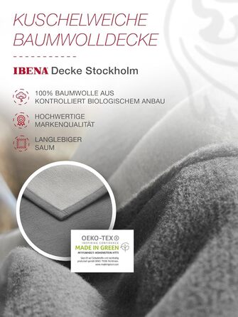 Ковдра Ibena Stockholm з органічної вовни 140x200 см - 100 бавовна, зроблено в Німеччині, бавовняна ковдра сірого кольору, світло-сіра, двоколірна 140 x 200 см сірого кольору