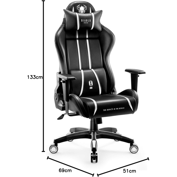 Геймерське крісло Diablo X-One 2.0, Геймерське крісло, Офісне крісло, Настільне крісло, Регульовані підлокітники, Ергономічний дизайн, Подушка для шиї/попереку, Функція гойдання, Чорний/Білий, Стандартний (L)