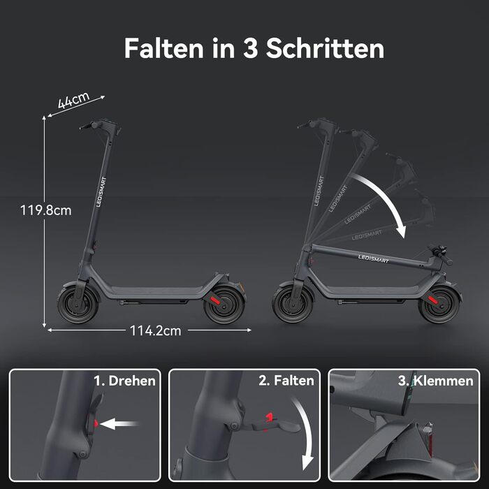 Електросамокат з допуском до дорожнього руху, електросамокат LEQISMART A11, 10-дюймові шини, запас ходу 30 км, 20 км/год, складний