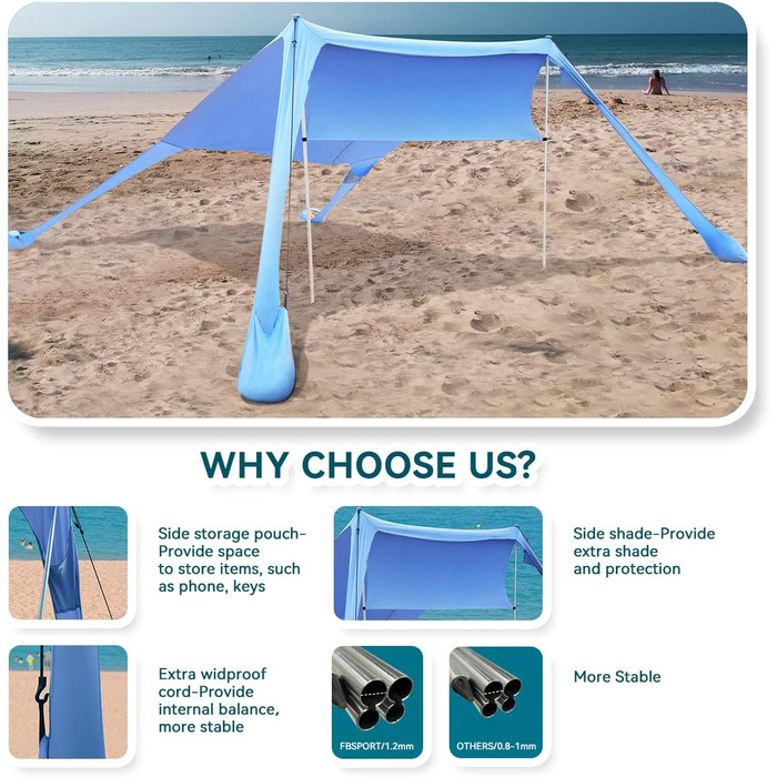 Пляжний намет від сонця, пляжні намети, пляжний намет, UPF50 з лопатою для піску, кілками для землі та стійками, зовнішній навіс для кемпінгу, риболовлі, розваг на задньому дворі або пікніків, синій, 215 см x 200 см