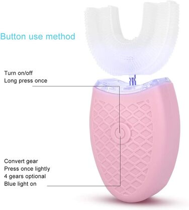 Електрична зубна щітка для дорослих, U-подібна звукова зубна щітка для відбілювання зубів, розумна автоматична зубна щітка з 4-швидкісною швидкістю та світлодіодним підсвічуванням, IPX7 водонепроникна (рожева)