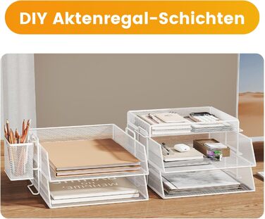 Штабельований лоток для листів, настільний органайзер з 4 тримачами для файлів та 1 тримачем для ручок, для документів A4, металевий офісний органайзер, настільний лоток для офісного документообігу, поштові лотки (білий)