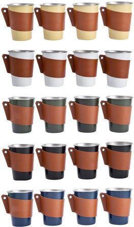 Набір кемпінгових чашок з нержавіючої сталі 304 з шкіряним тримачем, велика місткість 350 мл, 4-елементні штабелювані чашки для подорожей та пікніків