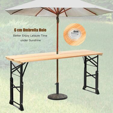Пивний стіл KOMFOTTEU з регульованою висотою (75 см-105 см), складаний стіл-намет для пива з отвором для парасольки, стіл для пікніка, розкладний стіл, фуршетний стіл для саду, вечірки, 168,5 x 50 см (Д x Ш)