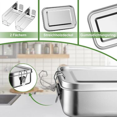 Ланчбокс Homikit з роздільниками, 850 мл, нержавіюча сталь. Бенто-бокс для дітей та дорослих, контейнер для обіду на пікнік, в школу та на роботу. Герметичний, з ущільнювальним кільцем та знімною перегородкою.