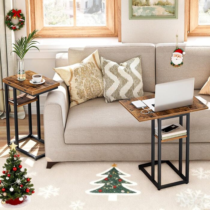 С-подібний бічний столик HOOBRO, розкладний диван-столик, журнальний столик, столик для перекусу з полицею для зберігання, вузька тумбочка для вітальні, спальні, металевий каркас, темно-коричневий EBF29SF01 темно-коричневий чорний