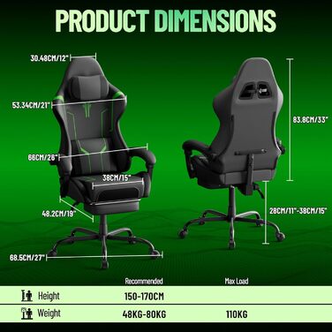 Ігрове крісло, ергономічне ігрове крісло - регульоване та поворотне ігрове крісло, з шарнірними підлокітниками, підставкою для ніг, поперековою опорою, шкіряним покриттям, ігрове крісло для кіберспорту/дому/офісу (чорний зелений) сірий