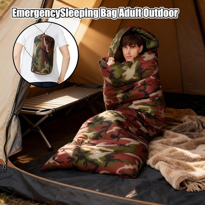 Спальний мішок для дорослих Теплий для кемпінгу Портативний та теплий спальний мішок - для піших прогулянок, трекінгу, виживання, зими та осені, автомобільних подорожей, камуфляжу