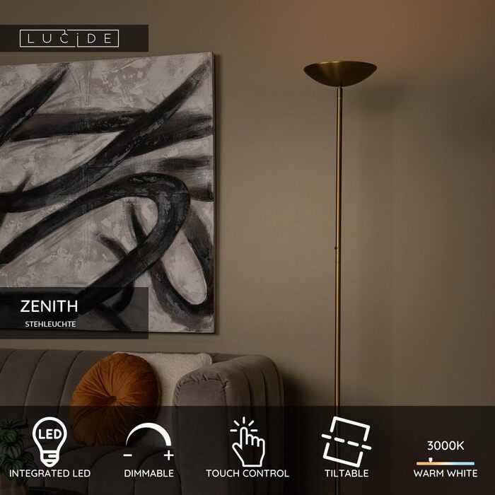 Підлоговий світильник LUCIDE ZENITH LED з димером, 20Вт, 3000К, матове золото/латунь, Ø 25,4 см, висота 180 см