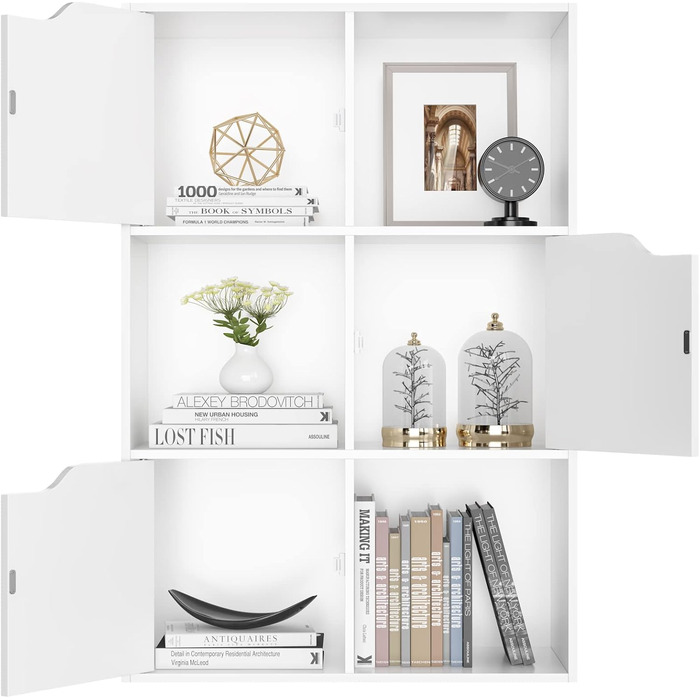 Книжкова полиця FirFurd, біла полиця, книжкова шафа з 3 дверцятами, полиця для зберігання з 6 відділеннями, офісна полиця для вітальні, кабінету, дитячої кімнати, 60 x 29 x 90 см