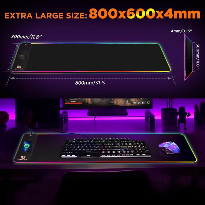 Килимок для миші Gimars Upgrade Gaming RGB, бездротова швидка зарядка 15 Вт, 800x300x5 мм, XXL килимок для миші з 10 кольорами світлодіодного підсвічування, великий світлодіодний килимок для миші, ігровий аксесуар з гладкою поверхнею, нековзна гумова осно