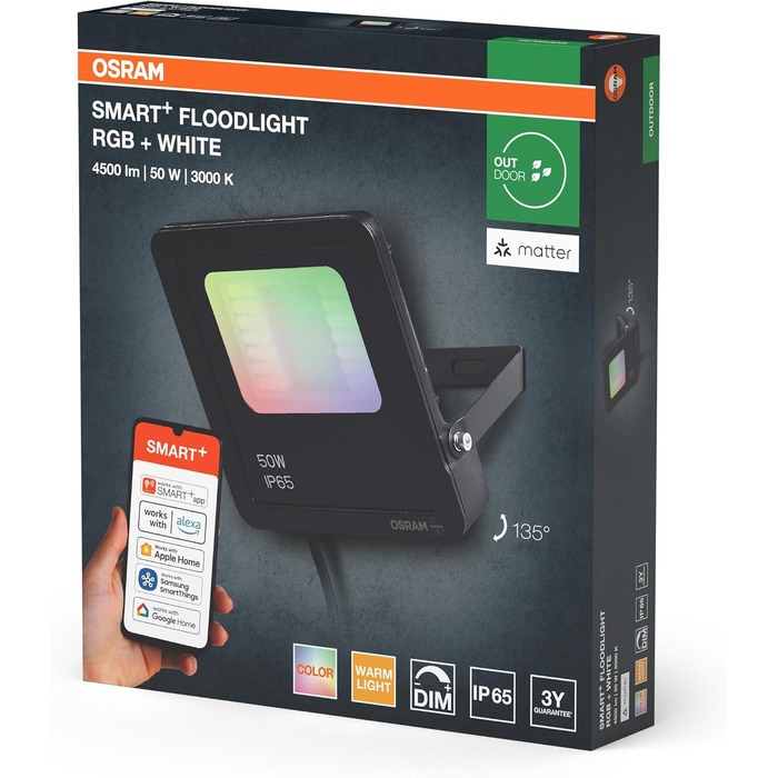 Розумний LED-прожектор Osram SMART Matter, 10W, 800lm, RGBW (16 млн кольорів), 3000K, WiFi, Alexa/Google, IP65