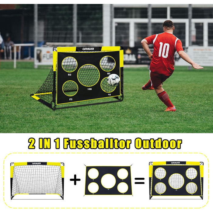Футбольні ворота для саду, дитячі футбольні ворота 2 в 1, висувні футбольні ворота з лунками для ударів та сумкою для перенесення, кілки для землі, покращення - жовті - 120x90x90