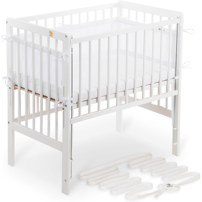 Дитяче ліжечко FabiMax Boxspring Baby Crib Flex 90x55, сертифіковане TV, виготовлене з букової деревини, білого лаку, з інноваційною регульованою бічною рейкою, підходить для ліжок з пружинним блоком (надувний матрац, білий) Білий надувний матрац