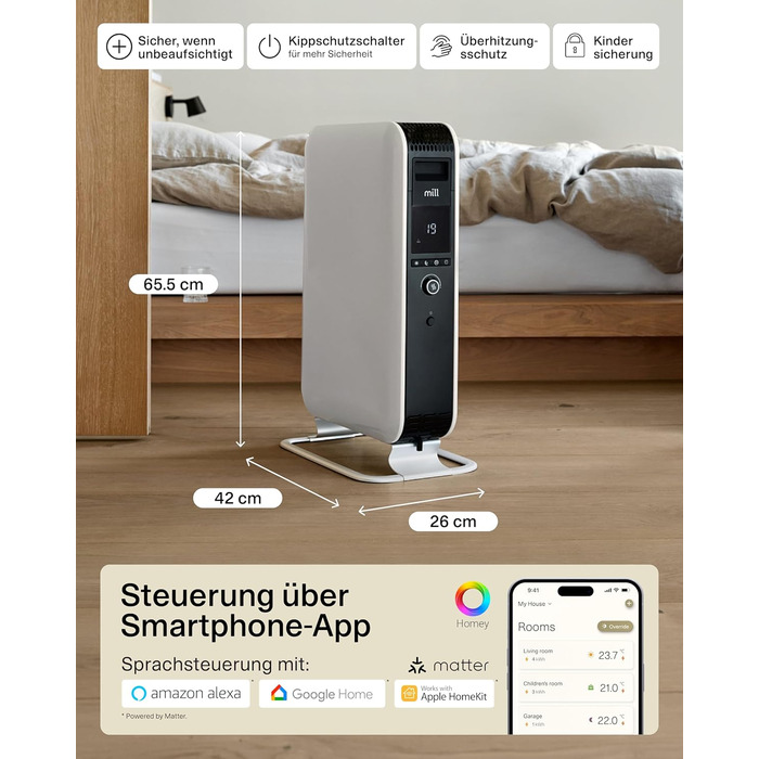 Електричний обігрівач Mill Oil Radator 2000 Вт - Розумний електричний обігрівач з WiFi та додатком, Електричний обігрівач для 24-28 м, Енергозберігаючий масляний радіатор, Тихий та безпечний електричний обігрівач, Розроблено в Норвегії - Білий 2000 Вт (24