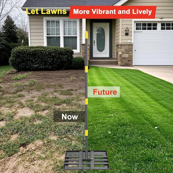 Професійний скребок для газону 43x25 см з лазерною різкою та регульованою ручкою - посилені шви та гладка кромка для вирівнювання ґрунту, розкидання добрив, мульчування та ландшафтного дизайну/152 см, синій