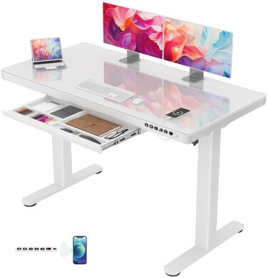 Стіл Homall Glass з регульованою висотою, 120 x 60 см, електричний стіл з регульованою висотою та шухлядою, стіл для домашнього офісу з можливістю сидіти та стояти, білий 120 x 60 см, білий