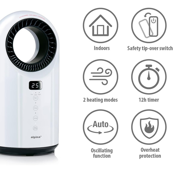Електричний вентилятор Alpina 1500 Вт Радіатор з таймером та пультом дистанційного керування Коливальний обігрівач з функцією охолодження та обігріву 18 x 18 x 37 см, Білий