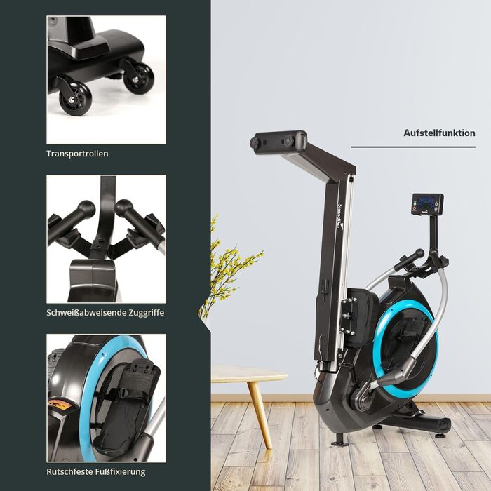 Домашній веслувальний тренажер Skandika Nordlys Автентичне відчуття веслування завдяки поворотним важелям на кулькових підшипниках, складаний, магнітний опір, 16 рівнів, 21 програма тренувань, Bluetooth, додаток Kinomap, веслувальний тренажер