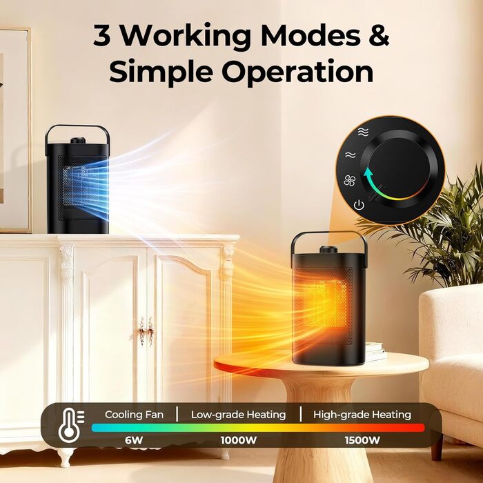 Енергозберігаючий електричний вентилятор-обігрівач, керамічний нагрівальний елемент PTC потужністю 1500 Вт, 3-ступінчастий режим, захист від перегріву та перекидання, портативний електричний обігрівач для кімнат, спалень та офісів Енергозбереження класу А