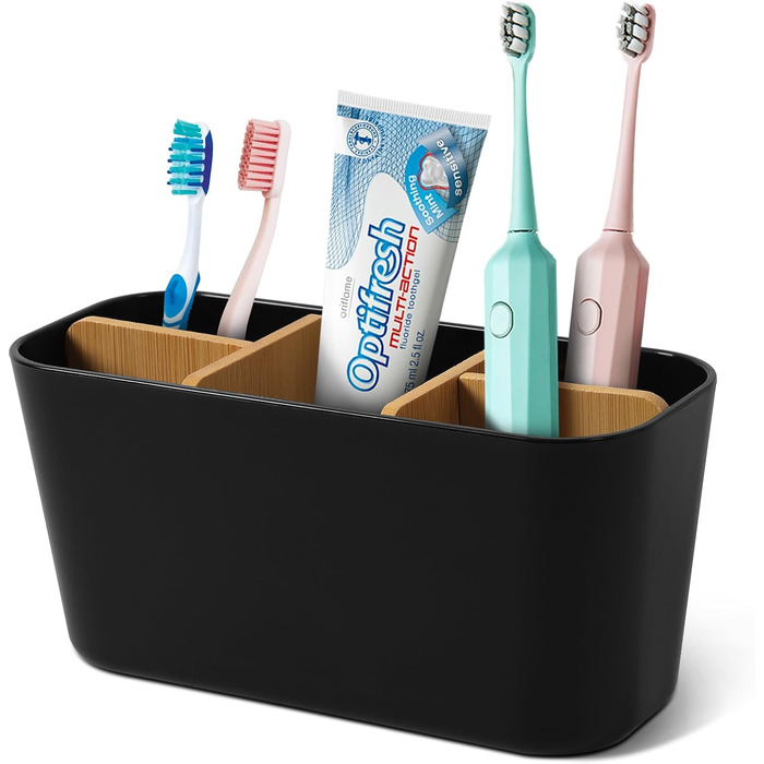 Тримач для зубних щіток Votoko, Пластиковий тримач для зубних щіток з бамбуковими перегородками, Підставка для зубних щіток з 4 ві