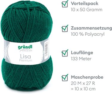 Пряжа Grndl Lisa Premium Uni Knitting & Chet Yarn (м'яка і схожа на шерсть, проста в догляді миється трикотажна пряжа з 100 поліакрилу, 50 г/ 133 м, розмір голки 3,5 - 4,5, 10 клубків по 50 г кожен), (ялиновий зелений)