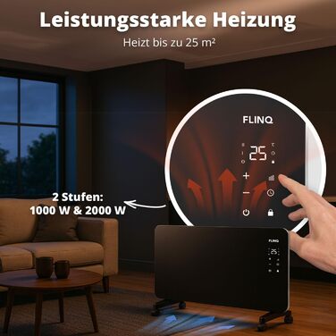Розумний конвектор FlinQ 2000 Вт - Скляний конвектор, керування за допомогою застосунку - Обігріває до 60 м - Портативний електричний обігрівач - 96 x 46 x 13 см - Чорний