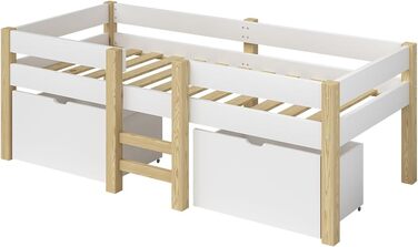 Дитяче ліжко Bellabino Aspy 90x200 см Ліжко-горище з 2 шухлядами, поручнями та рейковою основою Ліжко середнього класу з драбиною з масиву сосни білого/натурального кольору Дитяче ліжко з місцем для зберігання (матрац не входить до комплекту) Біле - з шух