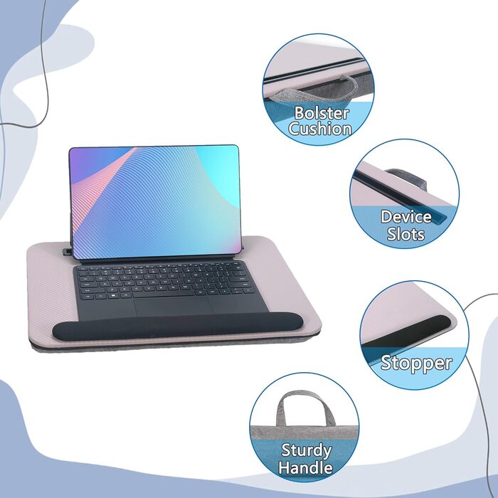 Стіл для ноутбука портативний, до 16 дюймів, з підставкою для планшета, вбудованою подушкою та підтримкою зап'ясть, ідеальний для дому та офісу, сіро-ліловий колір