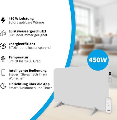 Розумний інфрачервоний обігрівач FlinQ 450 Вт Електричний радіатор Інфрачервоний настінний та окремостоячий пристрій Електричний обігрівач для ванних кімнат З термостатом Біла панель 450 Вт
