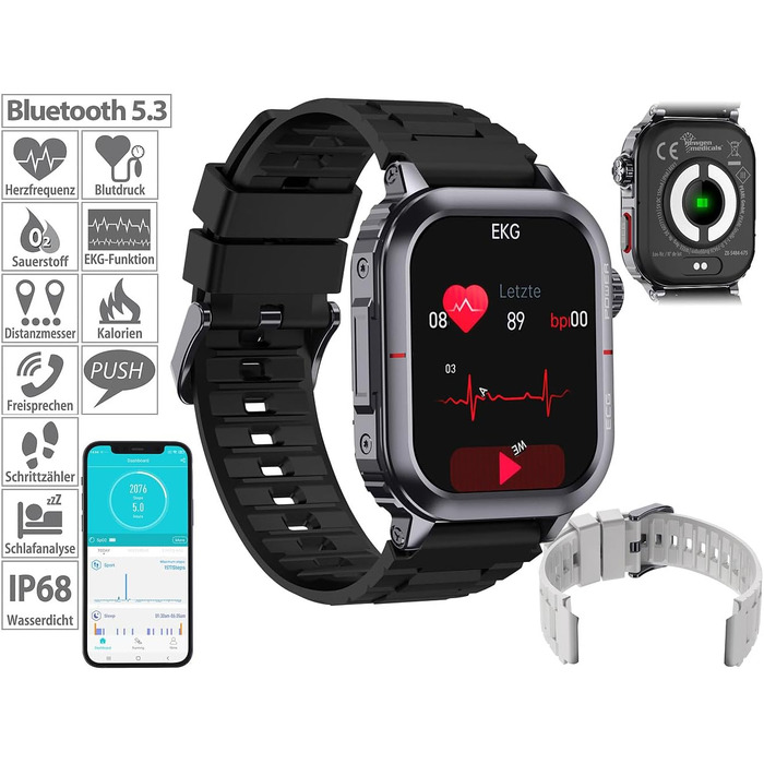 Фітнес-трекер Newgen Medicals Розумний фітнес-годинник з ЕКГ, відображенням серцевого ритму та артеріального тиску (годинник з ЕКГ, розумний годинник з вимірюванням ЕКГ, сумісний з Apple Watch)