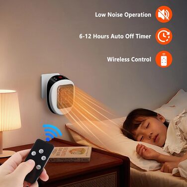 Настінний обігрівач для домашнього використання з пультом дистанційного керування, міні-керамічний вентилятор-обігрівач, 600 Вт, 15-32 , таймер 1-12 годин, система термостата, тихий нагрів з низьким рівнем шуму (білий)