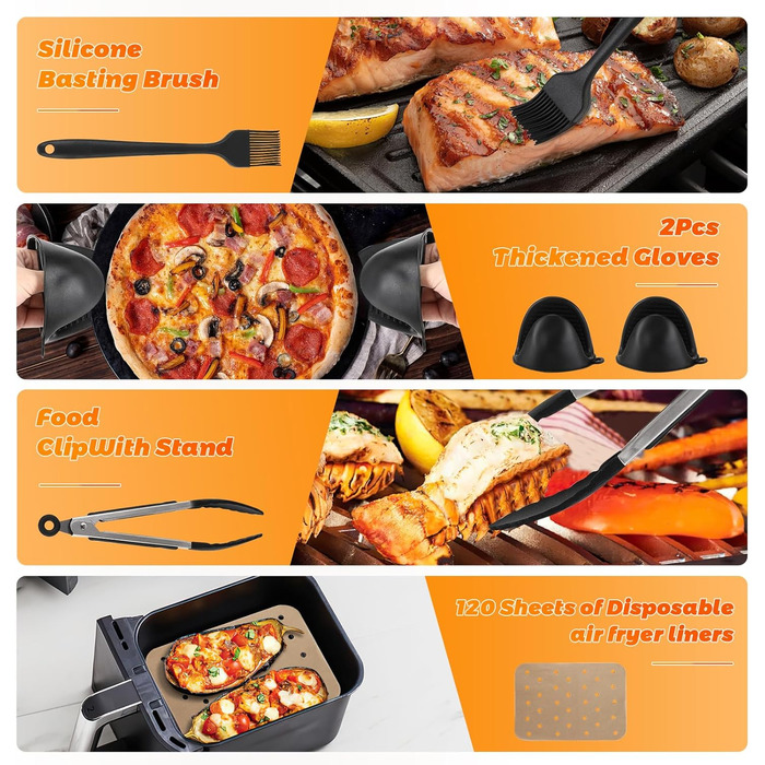 Аксесуари для силіконових форм для фритюрниці Auauraintt 1, багаторазові, для висувного ящика Ninja Foodi Flex 10,4 л AF500EU, силіконовий килимок для фритюрниці гриль рукавички затискачі масляна щітка масло скребок 100 аркушів масляного паперу