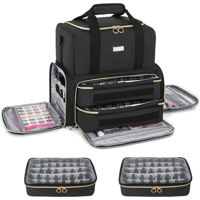 Мішечок для лаку для нігтів, двошаровий органайзер для зберігання лаку для нігтів на 80 флаконів (15 мл) та лампу для нігтів, великий футляр для косметики з відділеннями для зберігання, чорний
