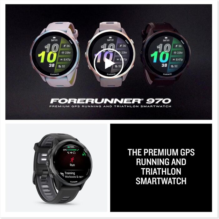 Розумний годинник Garmin Forerunner 970 Premium GPS для бігу та триатлону, AMOLED-дисплей, вбудований світлодіодний ліхтарик, карбоново-сірий DLC титановий колір з чорним корпусом та чорним напівпрозорим ремінцем з білого каменю
