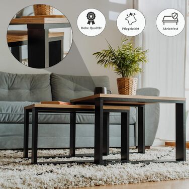 Дерев&39яний стіл для вітальні LEHMANN, комплект журнальних столиків із 2 шт. у 2 розмірах, дерев&39яний приставний столик, стіл для вітальні для дивана з чорним каркасом та дерев&39яною стільницею, комплект приставних столиків для вітальні, простий сучас