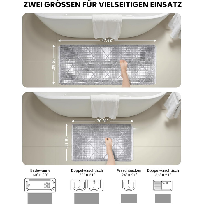 Великий комплект килимків для ванної кімнати з 2 предметів, нековзний килимок для ванної, що миється, сірий килимок для ванної, килимок для ванної в стилі бохо, ромбічні килимки для ванної кімнати, декор для пральні, 51 x 120 см килимок для ванної 46 x 77