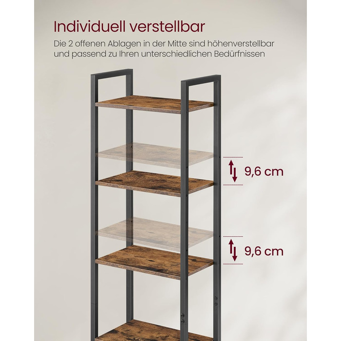 Книжкова полиця VASAGLE, 6 ярусів, полиця, окремостояча полиця з дверцятами, металевий каркас, регульовані полиці, 24 x 40 x 159,5 см, для вітальні, спальні, вінтажний коричневий-чорний LLS132K01 40B см Вінтажний коричневий чорнильний