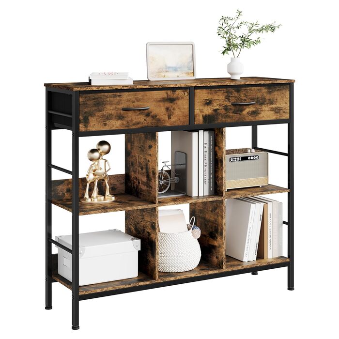 Полиця, книжкова шафа з 2 шухлядами, 6 відкритих відділень, окремостояча полиця з металевим каркасом, полиця для зберігання, для вітальні, кабінету, спальні, рустикальний коричневий, чорний вінтажний коричневий