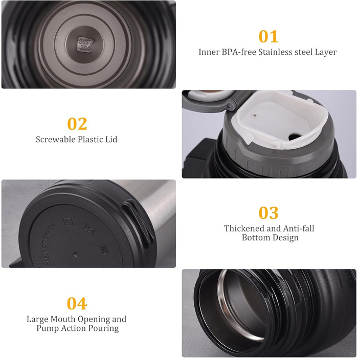 Вакуумно-ізольована пляшка місткість 2 л, металева пляшка для води з нержавіючої сталі для гарячих та холодних напоїв, термопляшка з чашкою без бісфенолу А, портативна дорожня пляшка для води з ручкою для перенесення, 2000 мл