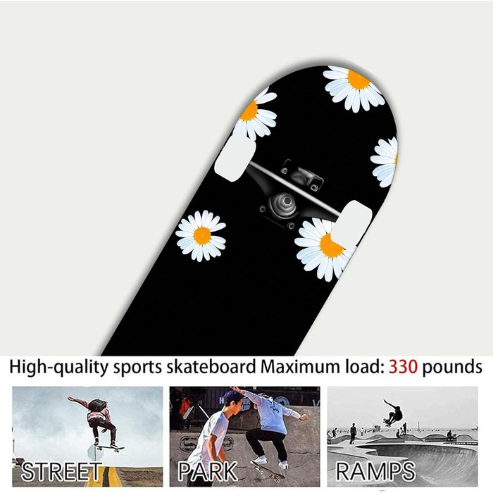 Дюймовий стандартний скейтборд, 7-шарова кленова дошка, підходить для дітей, підлітків, дорослих, початківців та професіоналів, максимальне навантаження 150 кг. Хризантема., 31-