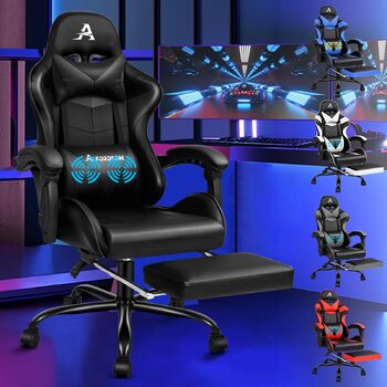 Крісло для відеоігор ALFORDSON, ергономічне офісне крісло, масажне гоночне крісло, висувна підставка для ніг, шкіра штучна, регулювання висоти та нахилу, вантажопідйомність 180 кг, чорний колір Vogler - чорний