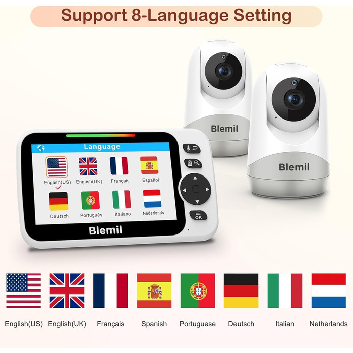 Радіоняня з 2 камерами та аудіо, акумуляторна батарея на 30 годин, великий розділений екран 5 футів, камера з дистанційним керуван