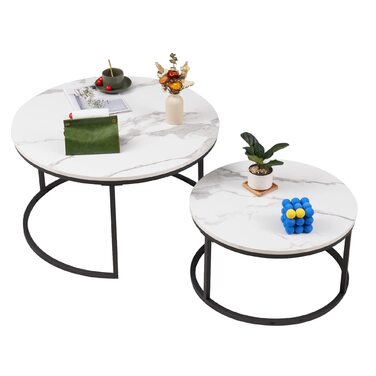 Комплект із 2 круглих журнальних столиків, білий мармуровий журнальний столик з чорною металевою рамою, круглий бічний столик, сучасний столик для вітальні, вбудовані столики для вітальні, спальні, балкону, білий та чорний