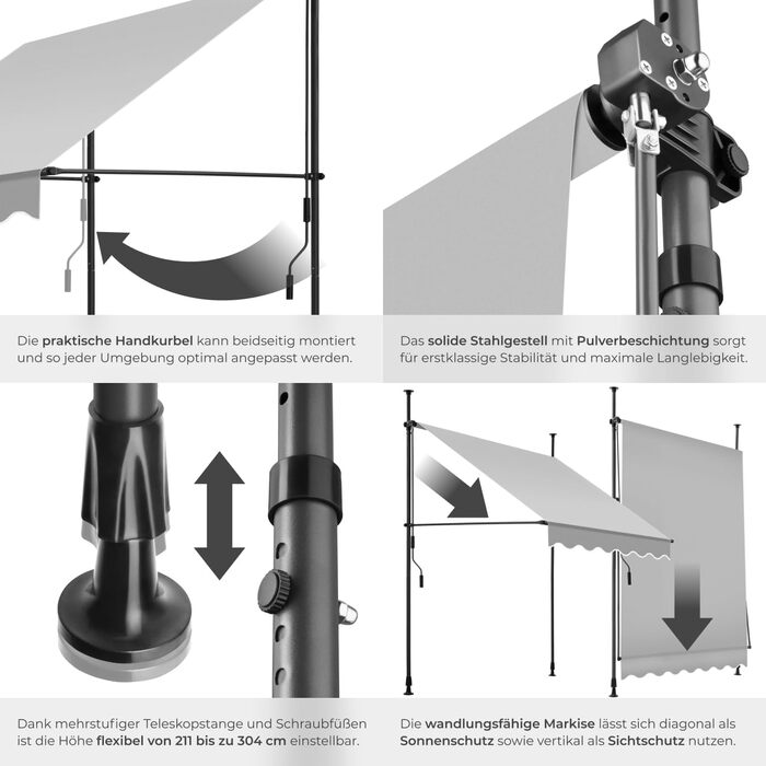 Маркиза tectake з кріпленням та ручним приводом, балконна маркізка без свердління, регульована по висоті, стійка до ультрафіолету, водовідштовхувальна, навіс для патіо, сонцезахист для патіо та балкону, ширина 150 см - світло-сірий