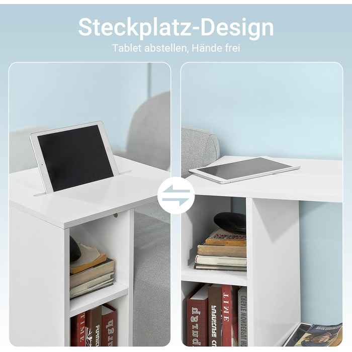 С-подібний приставний столик до дивана з 2 полицями для зберігання та тримачем для планшета, сучасний журнальний столик на колесах для вітальні, білий FBT48-W